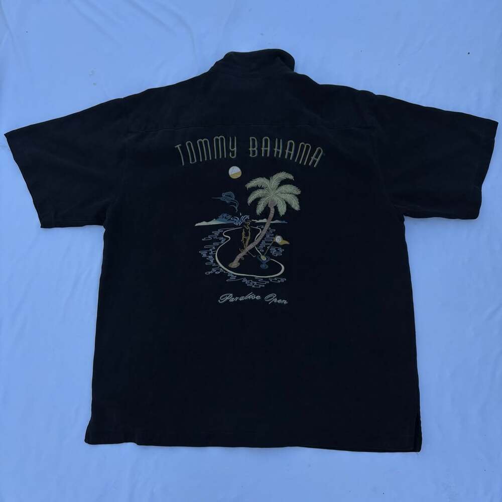 Tommy Bahama Paradise Open Shirt XL Black Silk Embroidered Golf Marlin Martini